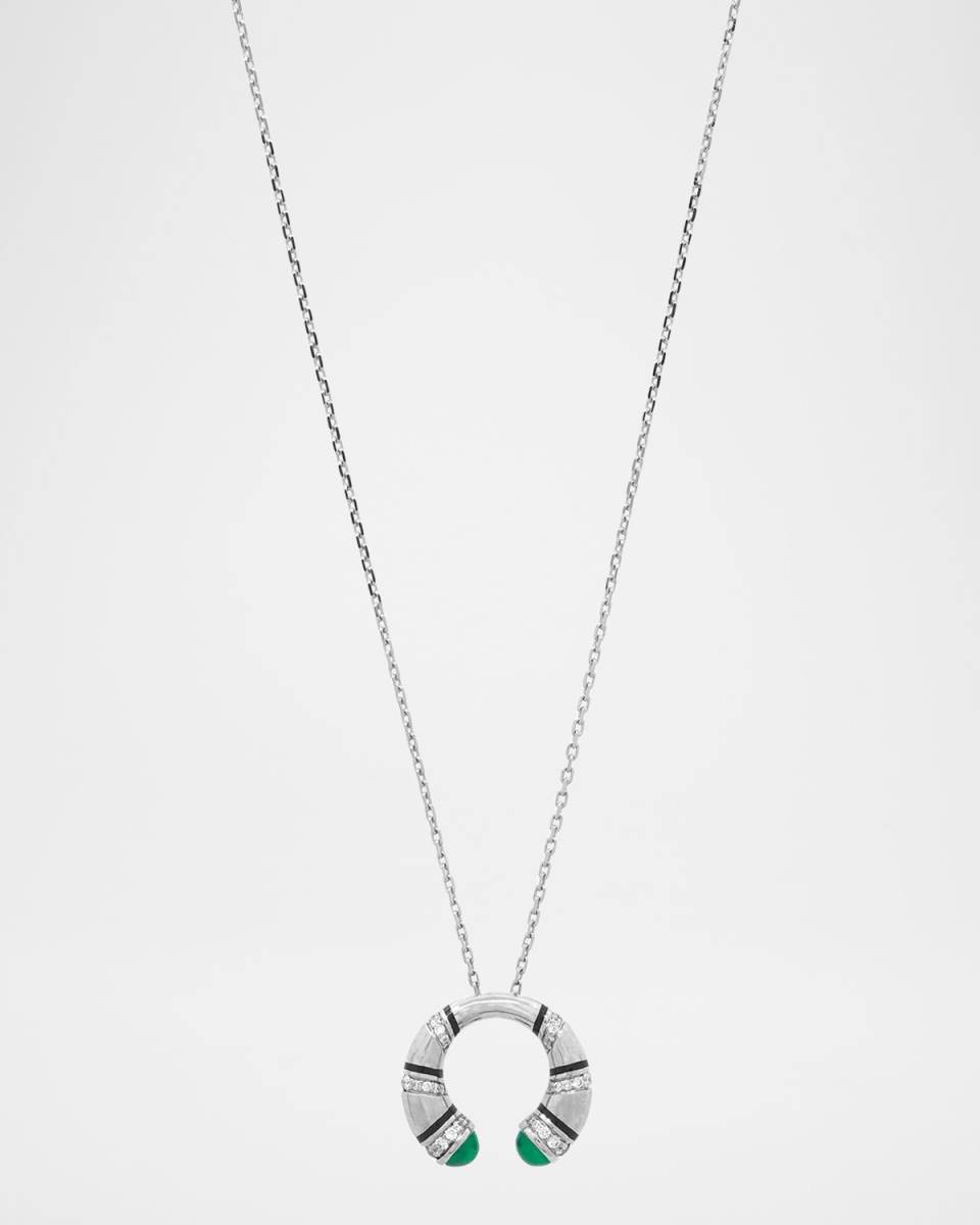 18K White Gold Mushabbak Diamond and Emerald Pendant Necklace
